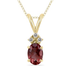 14K Yellow Gold 6x4MM Oval Garnet and Three Stone Diamond Pendant- GPD59204GT