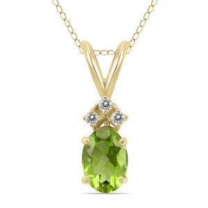 14K Yellow Gold 6x4MM Oval Peridot and Three Stone Diamond Pendant- GPD59204PD
