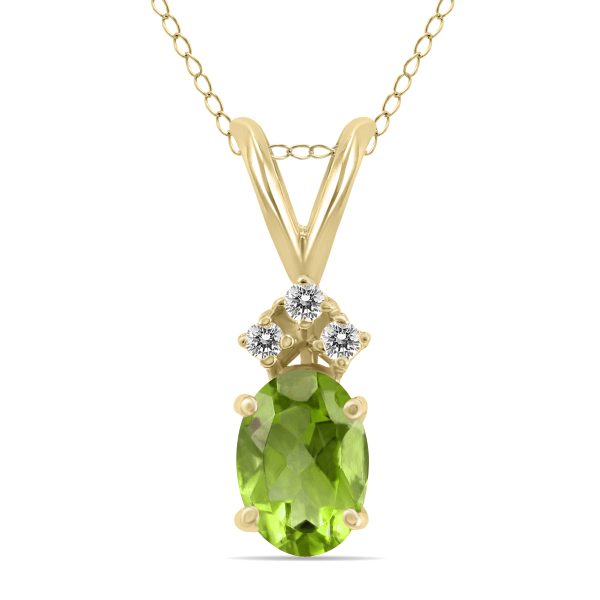 14K Yellow Gold 6x4MM Oval Peridot and Three Stone Diamond Pendant- GPD59204PD