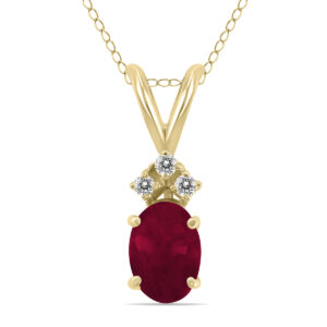 14K Yellow Gold 6x4MM Oval Ruby and Three Stone Diamond Pendant- GPD59204RB