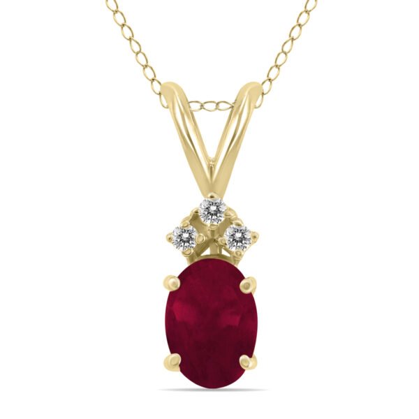 14K Yellow Gold 6x4MM Oval Ruby and Three Stone Diamond Pendant- GPD59204RB