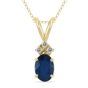 14K Yellow Gold 6x4MM Oval Sapphire and Three Stone Diamond Pendant- GPD59204SP