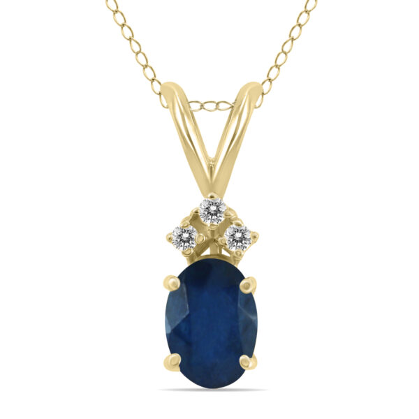 14K Yellow Gold 6x4MM Oval Sapphire and Three Stone Diamond Pendant- GPD59204SP