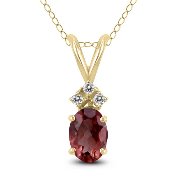 14K Yellow Gold 7x5MM Oval Garnet and Three Stone Diamond Pendant- GPD59205GT