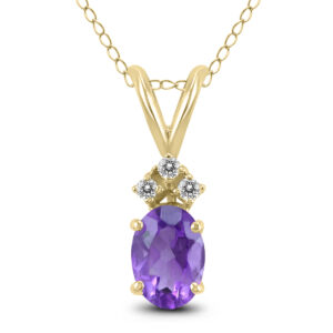 14K Yellow Gold 8x6MM Oval Amethyst and Three Stone Diamond Pendant- GPD59206AM