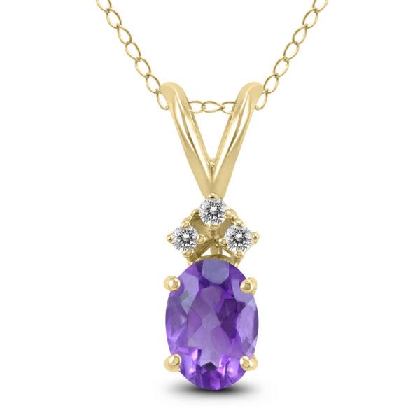 14K Yellow Gold 8x6MM Oval Amethyst and Three Stone Diamond Pendant- GPD59206AM