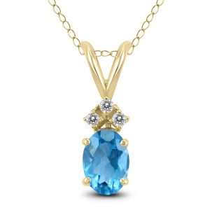 14K Yellow Gold 8x6MM Oval Blue Topaz and Three Stone Diamond Pendant- GPD59206BT