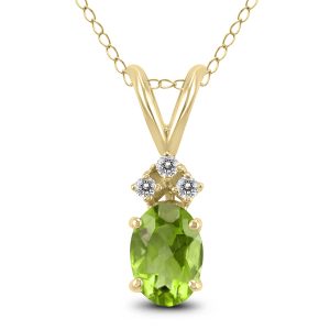 14K Yellow Gold 8x6MM Oval Peridot and Three Stone Diamond Pendant- GPD59206PD