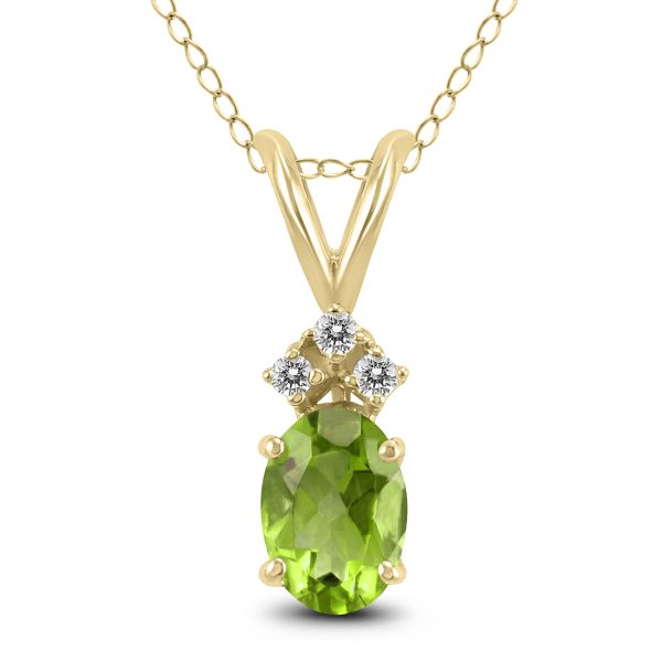 14K Yellow Gold 8x6MM Oval Peridot and Three Stone Diamond Pendant- GPD59206PD