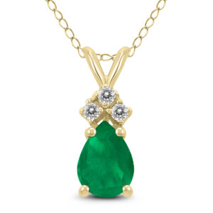 14K Yellow Gold 6x4MM Pear Emerald and Three Stone Diamond Pendant- GPD59227EM