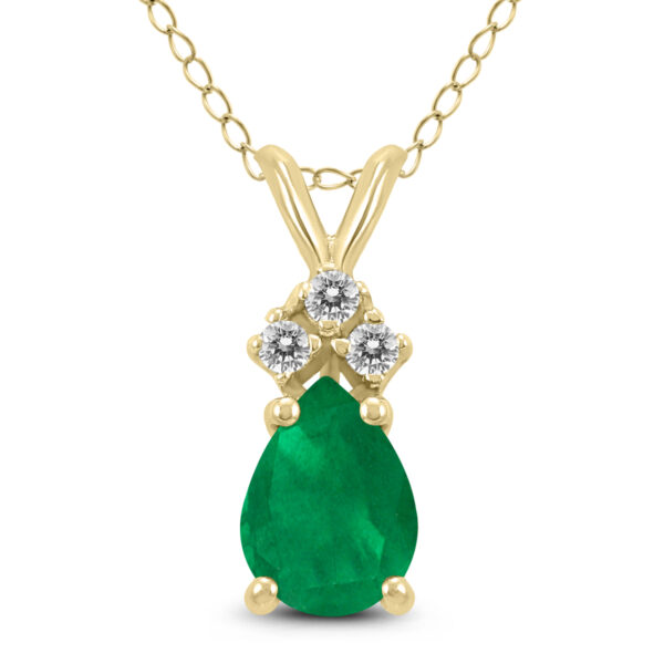 14K Yellow Gold 6x4MM Pear Emerald and Three Stone Diamond Pendant- GPD59227EM