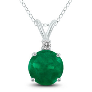 14K White Gold 4MM Round Emerald and Diamond Pendant- GPD59248EM