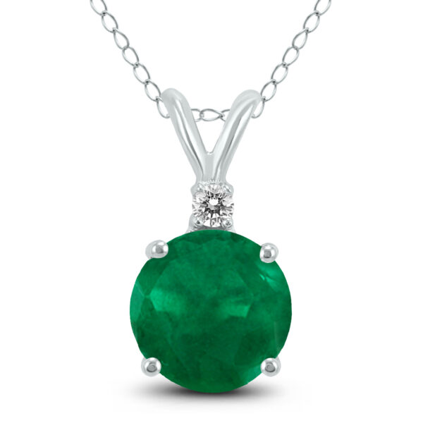 14K White Gold 4MM Round Emerald and Diamond Pendant- GPD59248EM