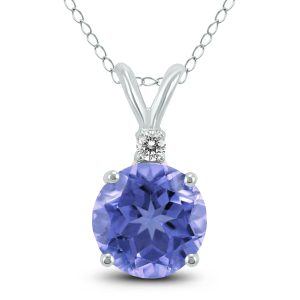 14K White Gold 4MM Round Tanzanite and Diamond Pendant- GPD59248TZ