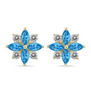 1 Carat TW Blue Topaz and Diamond Flower Earrings in 10K Yellow Gold- GRE61901BT