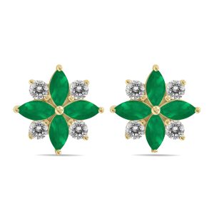 1 Carat TW Emerald and Diamond Flower Earrings in 10K Yellow Gold- GRE61901EM