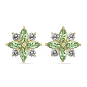 1 Carat TW Green Amethyst and Diamond Flower Earrings in 10K Yellow Gold- GRE61901GA