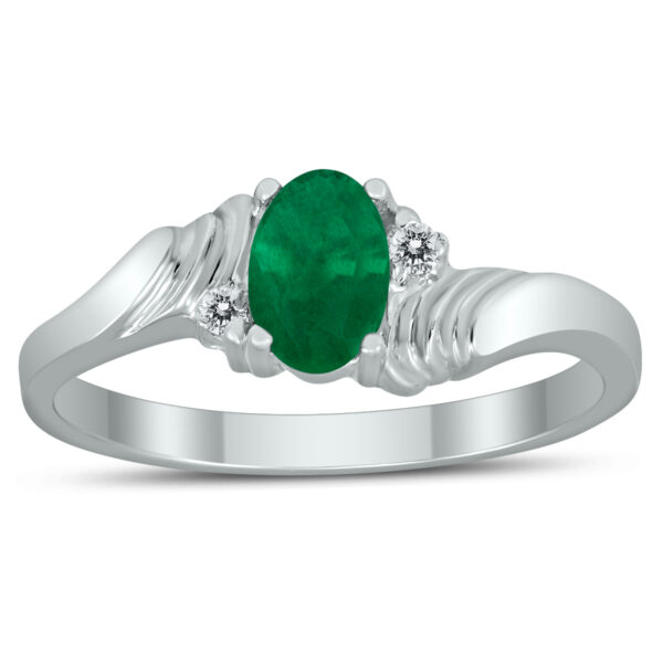 6X4MM Emerald and Diamond Wave Ring in 10K White Gold- GRG59413EM