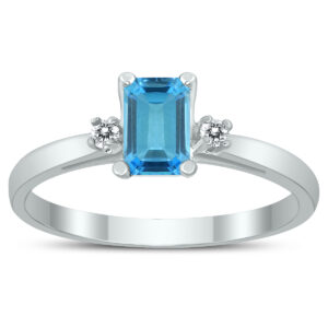 Emerald Cut 6X4MM Blue Topaz and Diamond Three Stone Ring in 10K White Gold- GRG59420BT