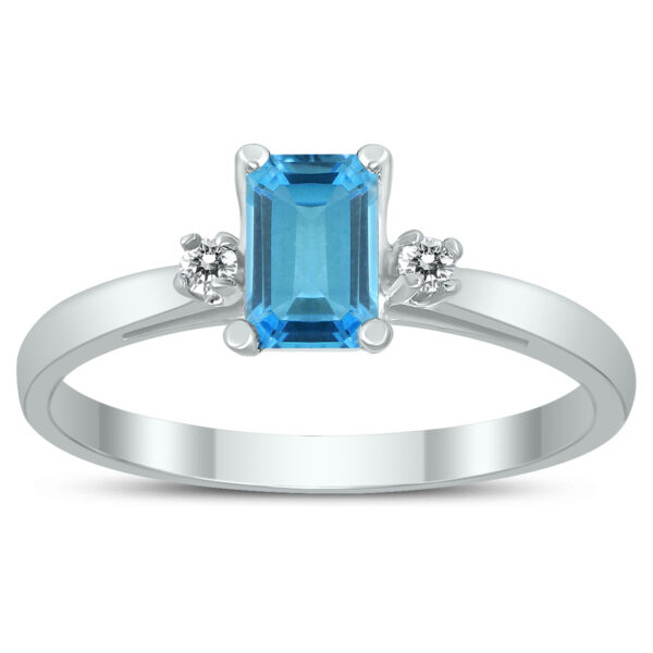 Emerald Cut 6X4MM Blue Topaz and Diamond Three Stone Ring in 10K White Gold- GRG59420BT