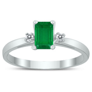 Emerald Cut 6X4MM Emerald and Diamond Three Stone Ring in 10K White Gold- GRG59420EM