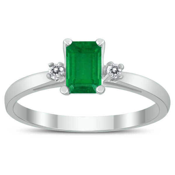 Emerald Cut 6X4MM Emerald and Diamond Three Stone Ring in 10K White Gold- GRG59420EM