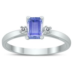 Emerald Cut 6X4MM Tanzanite and Diamond Three Stone Ring in 10K White Gold- GRG59420TZ