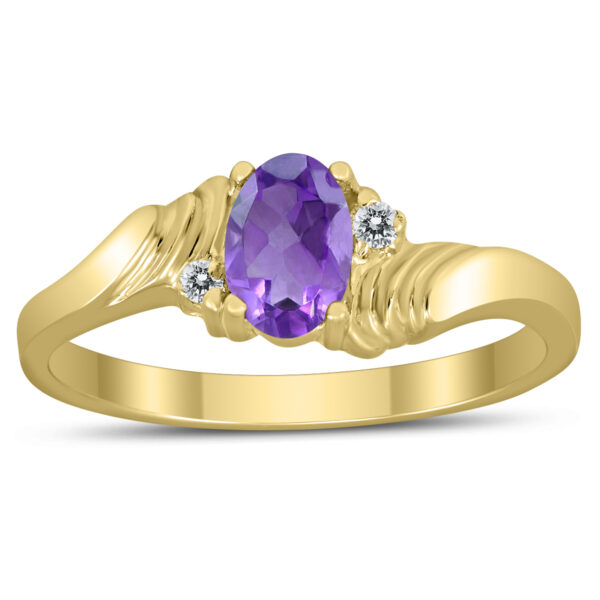 6X4MM Amethyst and Diamond Wave Ring in 10K Yellow Gold- GRG59463AM