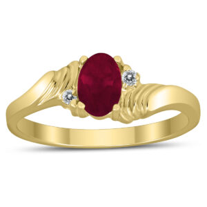 6X4MM Ruby and Diamond Wave Ring in 10K Yellow Gold- GRG59463RB