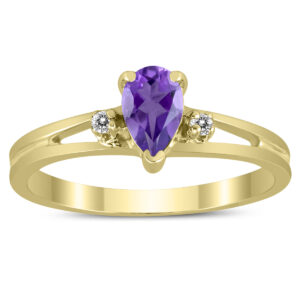 6X4MM Amethyst and Diamond Pear Shaped Open Three Stone Ring in 10K Yellow Gold- GRG59467AM