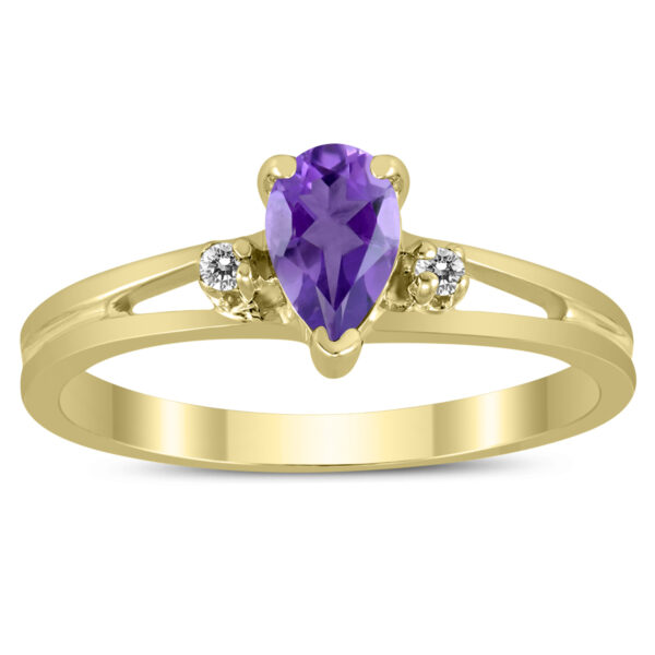 6X4MM Amethyst and Diamond Pear Shaped Open Three Stone Ring in 10K Yellow Gold- GRG59467AM