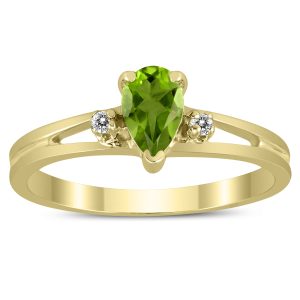 6X4MM Peridot and Diamond Pear Shaped Open Three Stone Ring in 10K Yellow Gold- GRG59467PD
