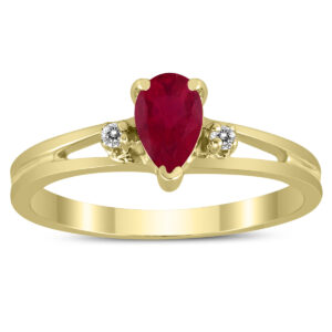 6X4MM Ruby and Diamond Pear Shaped Open Three Stone Ring in 10K Yellow Gold- GRG59467RB