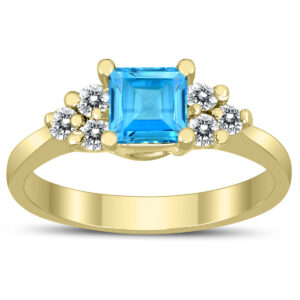 Princess Cut 5X5MM Blue Topaz and Diamond Duchess Ring in 10K Yellow Gold- GRG59494BT
