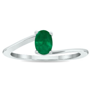 Women's Solitaire Emerald Wave Ring in 10K White Gold- GRG61019EM
