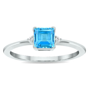 Women's Princess Cut Blue Topaz and Diamond Classic Ring in 10K White Gold- GRG61022BT