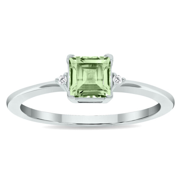 Women's Princess Cut Green Amethyst and Diamond Classic Ring in 10K White Gold- GRG61022GA