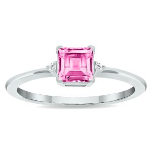 Women's Princess Cut Pink Topaz and Diamond Classic Ring in 10K White Gold- GRG61022PZ