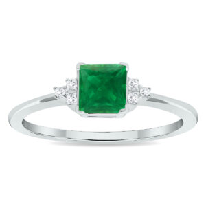 Women's Princess Cut Emerald and Diamond Half Moon Ring in 10K White Gold- GRG61023EM