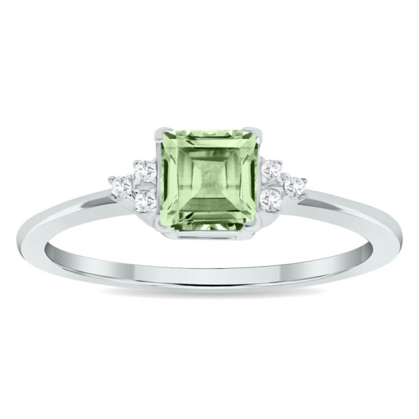 Women's Princess Cut Green Amethyst and Diamond Half Moon Ring in 10K White Gold- GRG61023GA