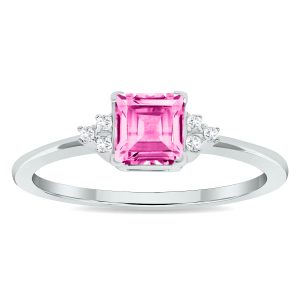 Women's Princess Cut Pink Topaz and Diamond Half Moon Ring in 10K White Gold- GRG61023PZ