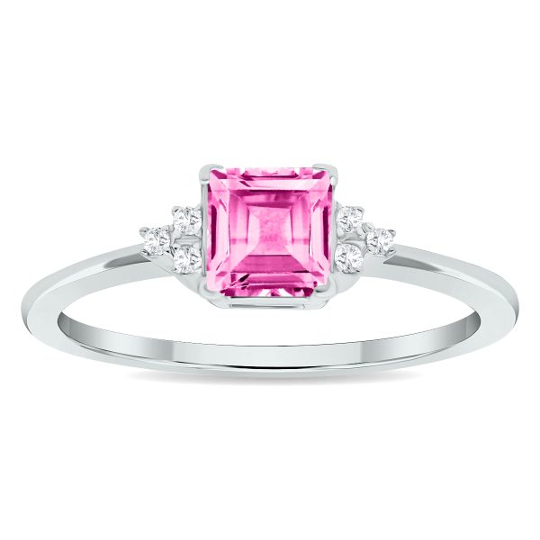 Women's Princess Cut Pink Topaz and Diamond Half Moon Ring in 10K White Gold- GRG61023PZ