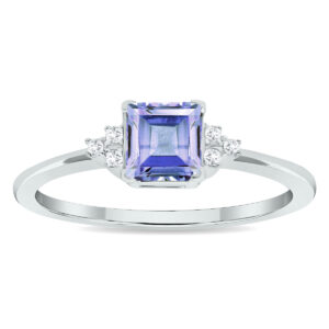 Women's Princess Cut Tanzanite and Diamond Half Moon Ring in 10K White Gold- GRG61023TZ
