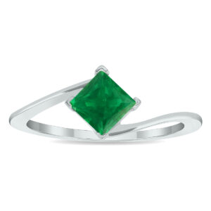 Women's Solitaire Emerald Wave Ring in 10K White Gold- GRG61024EM