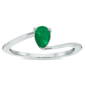 Women's Solitaire Emerald Wave Ring in 10K White Gold- GRG61027EM