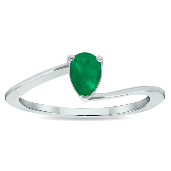 Women's Solitaire Emerald Wave Ring in 10K White Gold- GRG61027EM