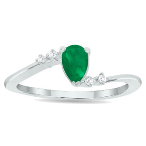 Women's Emerald and Diamond Wave Ring in 10K White Gold- GRG61028EM