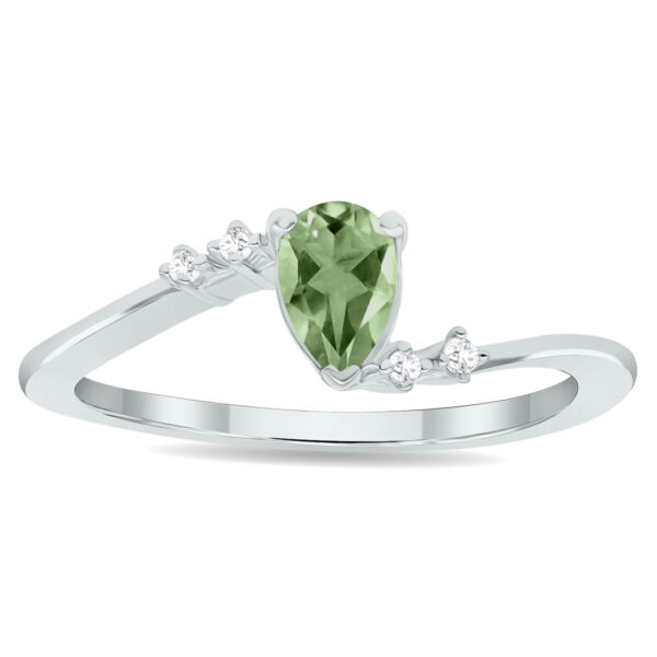 Women's Green Amethyst and Diamond Wave Ring in 10K White Gold- GRG61028GA