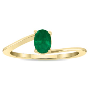 Women's Solitaire Oval Shaped Emerald Wave Ring in 10K Yellow Gold- GRG61129EM