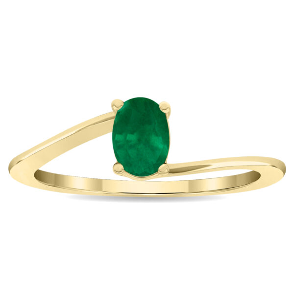 Women's Solitaire Oval Shaped Emerald Wave Ring in 10K Yellow Gold- GRG61129EM